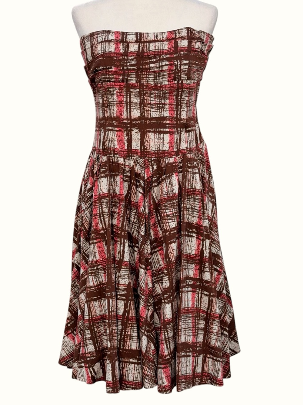 Anthropologie Elevenses Brown & Coral Fit & Flare Strapless Midi Swing Dress, 14